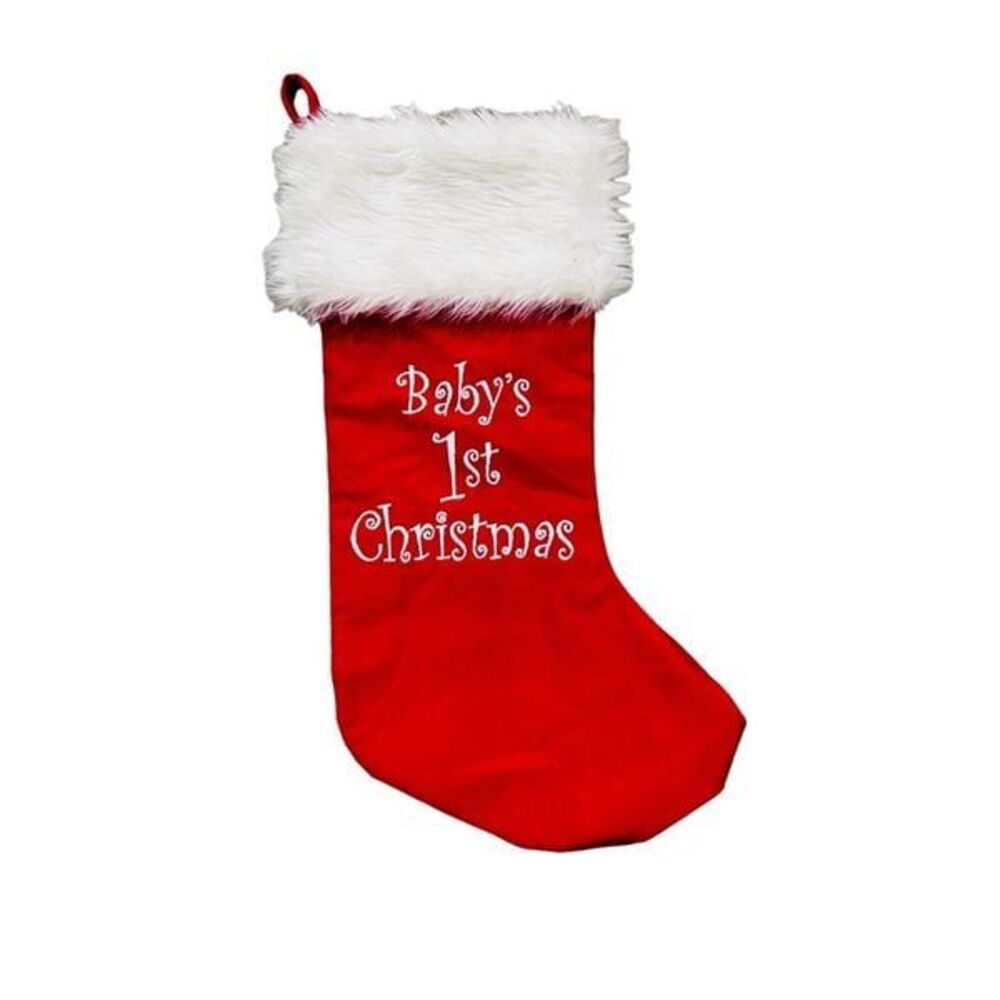 Babys first christmas red fuzzy top hang Up stocking canvas red sock 20”x8”